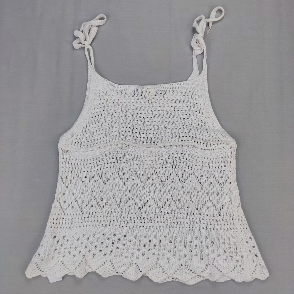 IJOAH Tank Top Womens Small White Crochet Knit Tie Shoulder Boho Scalloped Hem - Picture 2 of 6
